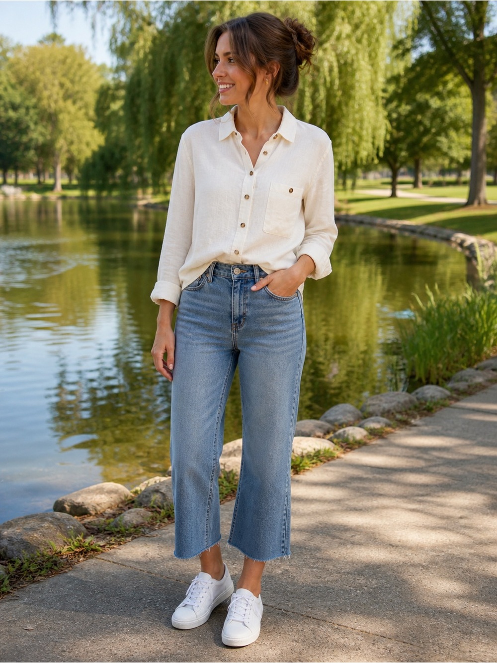 Reitmans Ladies Ivory Long-Sleeve Linen Blend Blouse